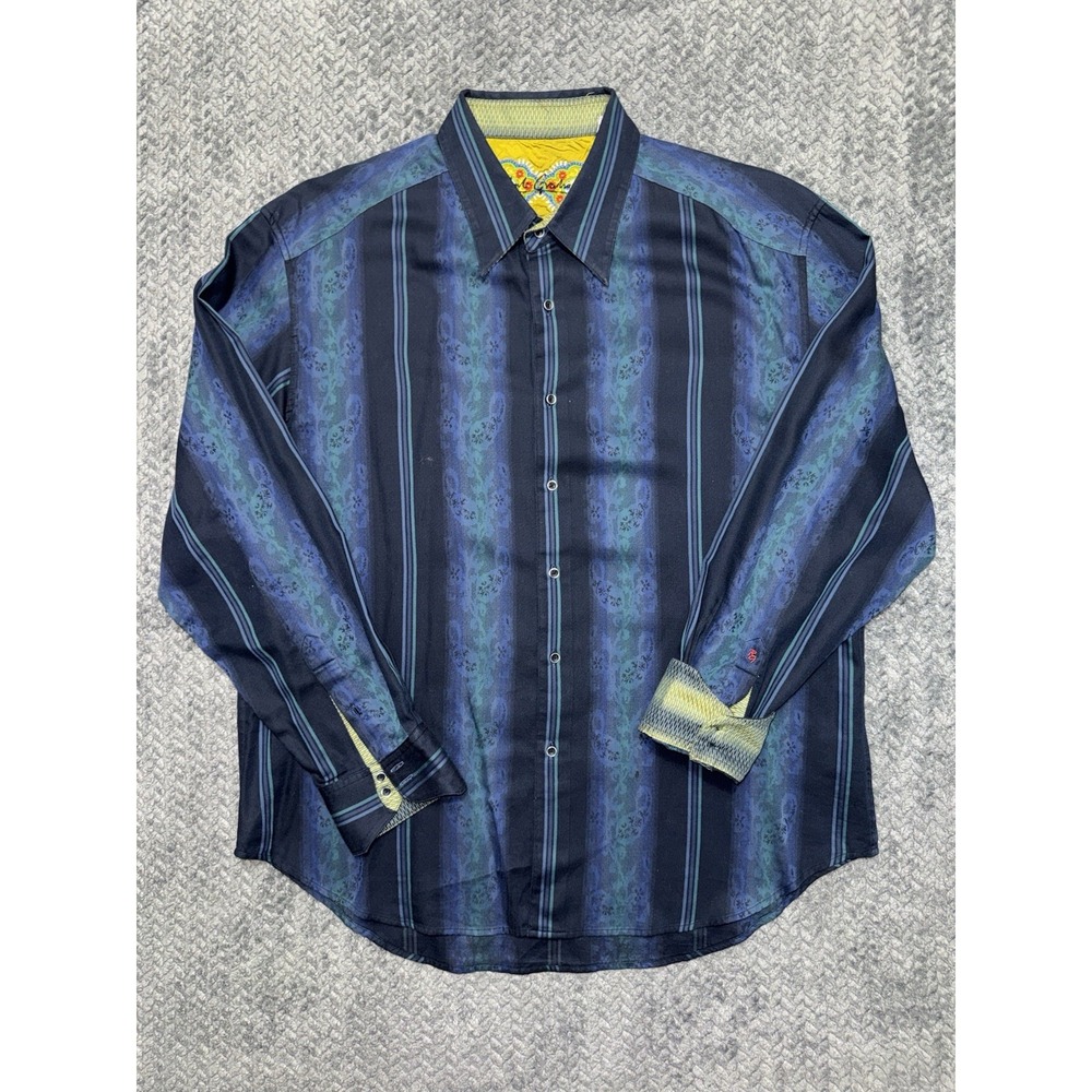 Robert Graham Mens Shirt Blues Green Stripe Paisley Flip Cuff Size 2XL